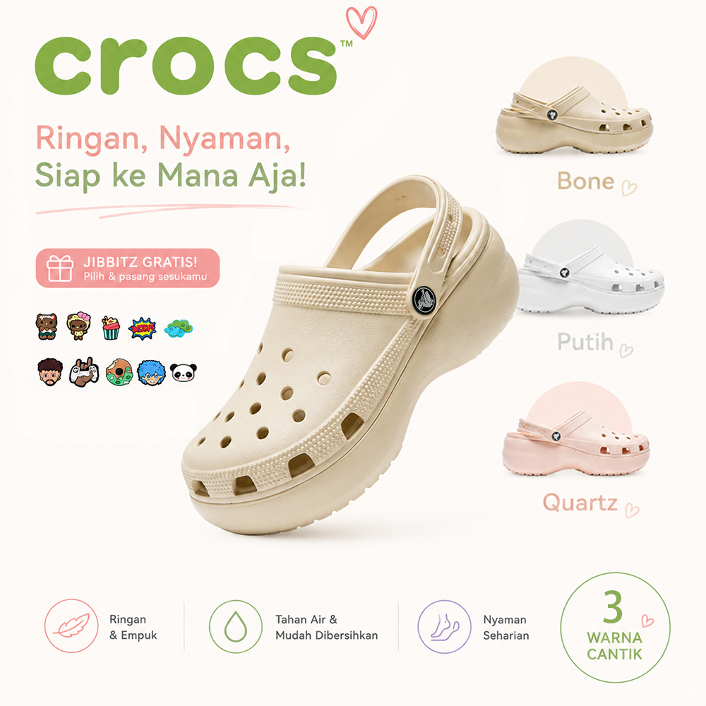 [COD]CROCS Platform Original Sepatu Kulit Motif Polos Putih Hitam Pink Muda Bone Ukuran 35-40