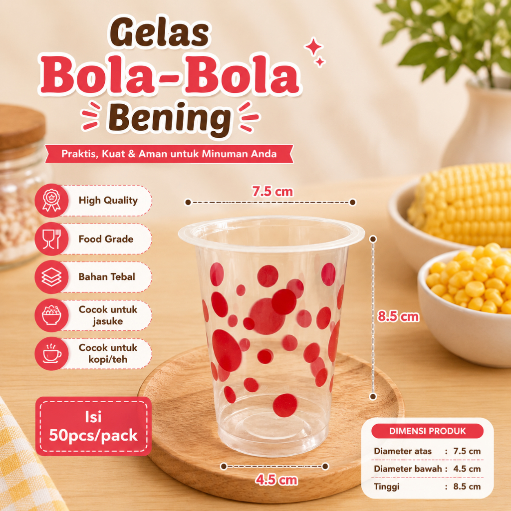 (ISI 50 PCS) Gelas Plastik Bola-Bola Bening 200ml / Gelas Polkadot Bening