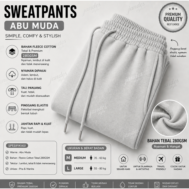 Sweatpants Wanita Pria unisex Highwaist Grey Marl