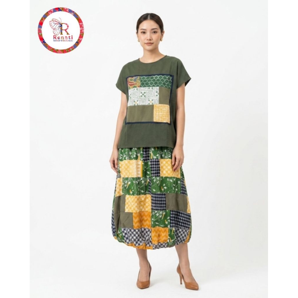 1 Set Tara Top Perca & Nara Puff Skirt Green Series, Baju Batik Modern - Baju Batik Wanita Elegan