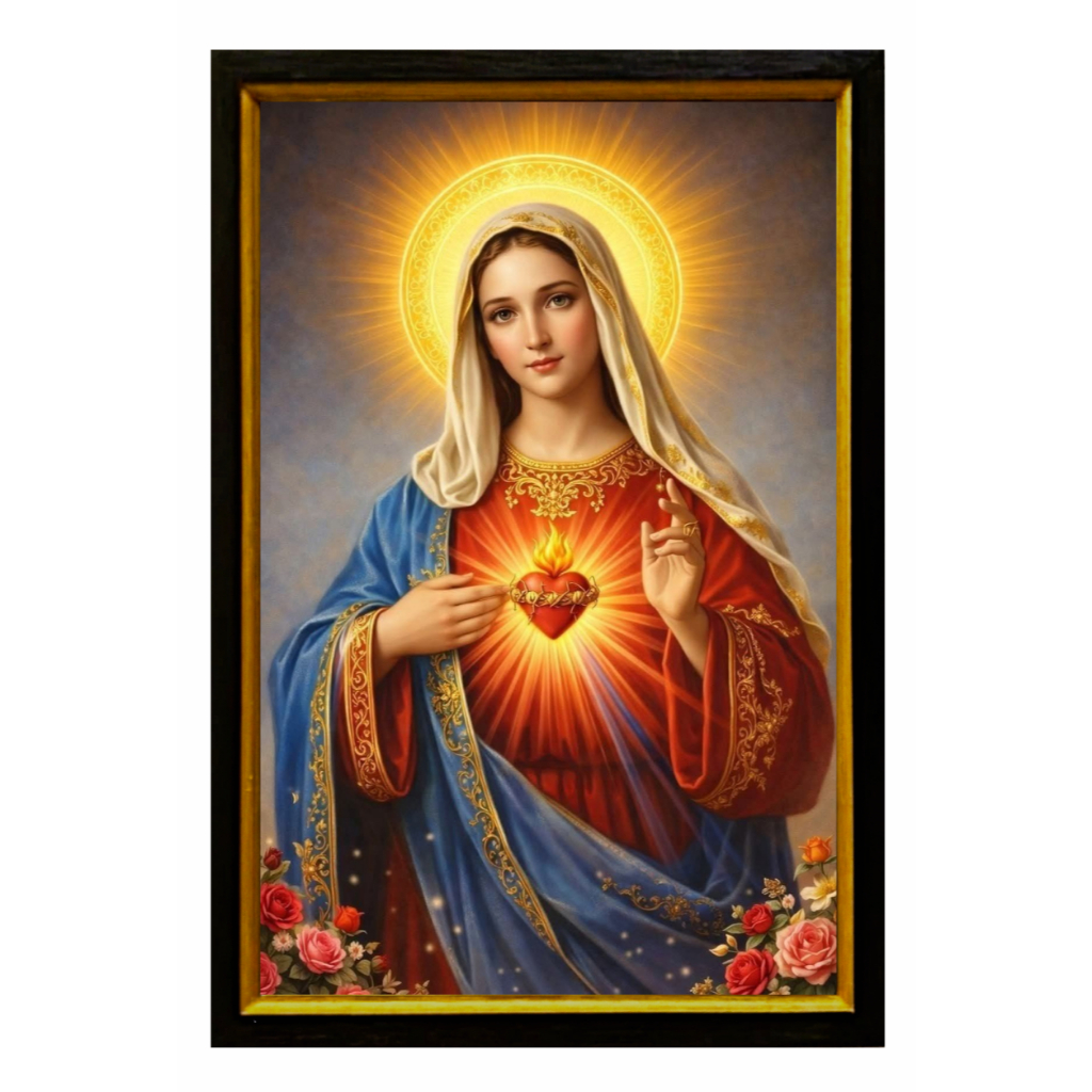 Poster Bunda Maria Holding Rosary and Crucifix - Hiasan Dinding Religius Premium