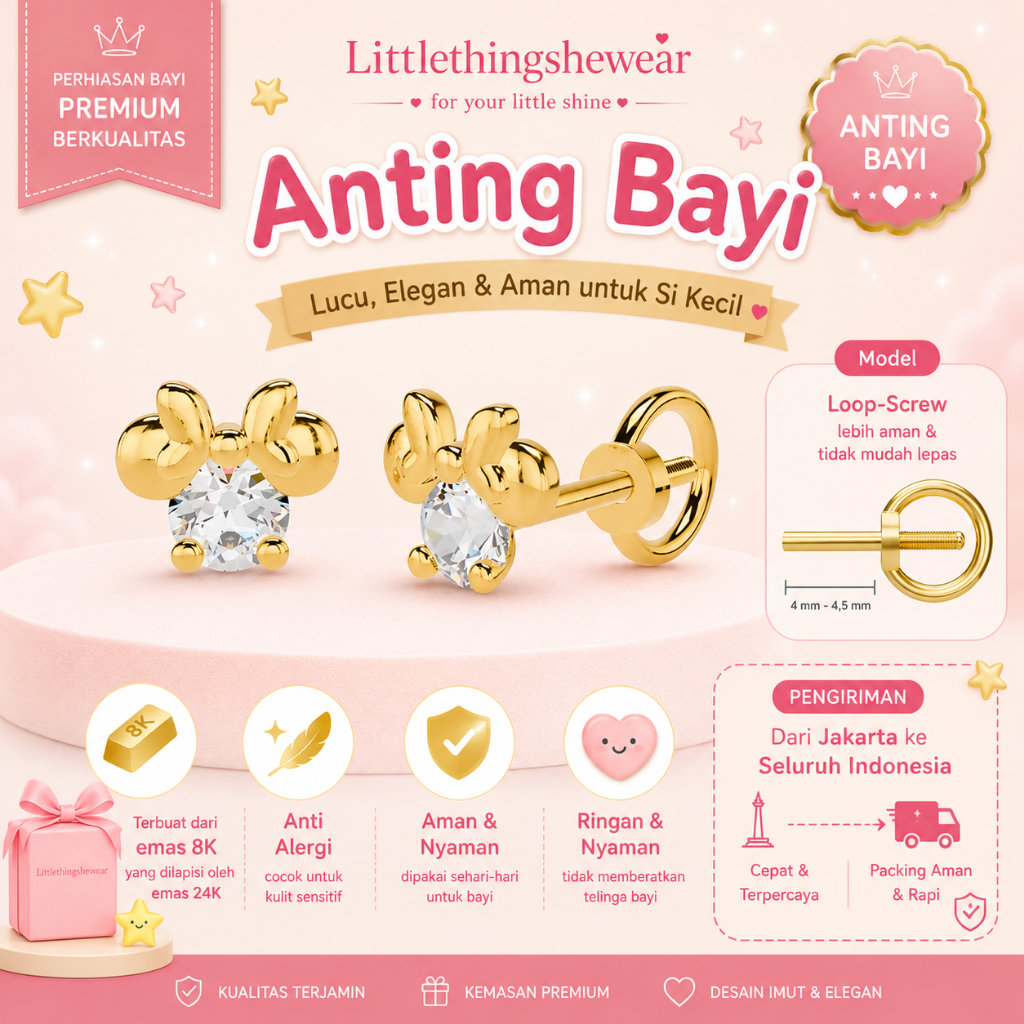 [FREE LM + THR] LITTLETHINGSHEWEAR - Anting Emas Bayi (Newborn) LUMIE - Anting Baby Minnie Loop-Scre
