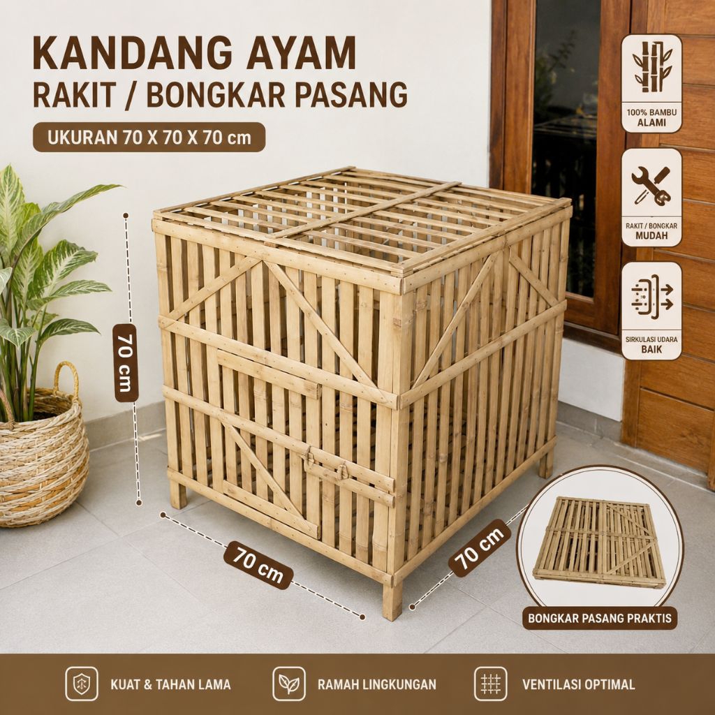 Kandang Ayam Rakit Bambu 70x70x70 cm - Box Ayam Bongkar Pasang Anti Ribet