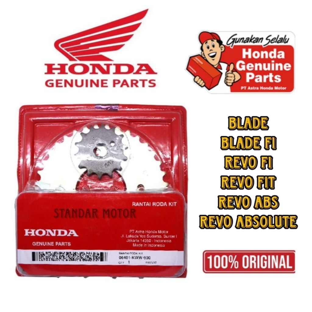 Gear set + rantai ORIGINAL HONDA kode part KWW untuk motor Blade, Blade fi, Revo fi, Revo fit, Revo 