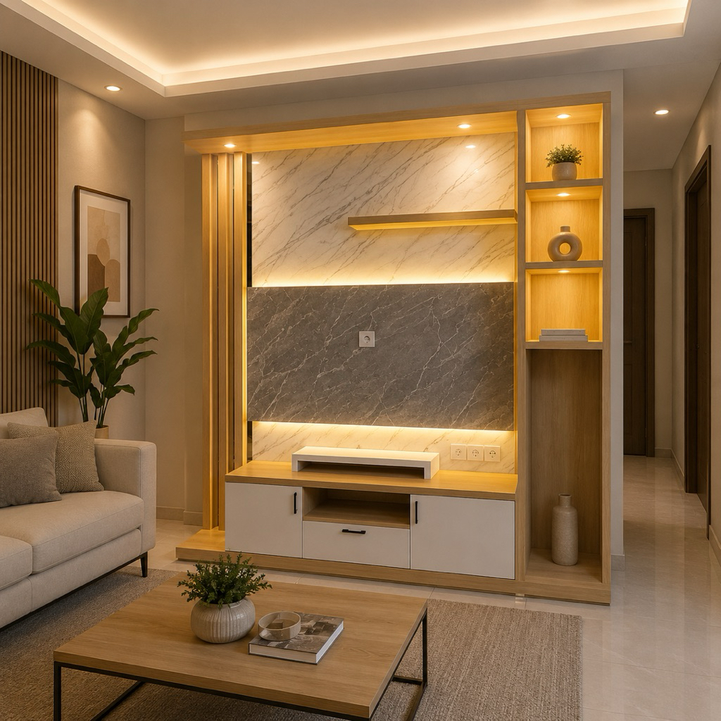 Backdrop TV Minimalis Modern Kayu Rak LED Partisi Ruangan Cabinet TV Elegan
