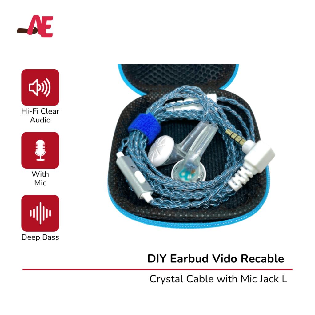 DIY Earbud Vido Recable Crystal Blue with Mic Jack L V5 (Earphone Vido Legend) Bass Earphone