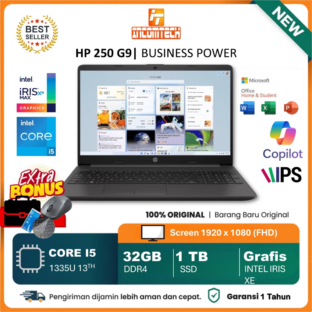 Laptop Hp 250 G9 Intel I5 1335U 16GB 512GB 15.6 FHD IPS WIN11HOME ASH DARK GREY