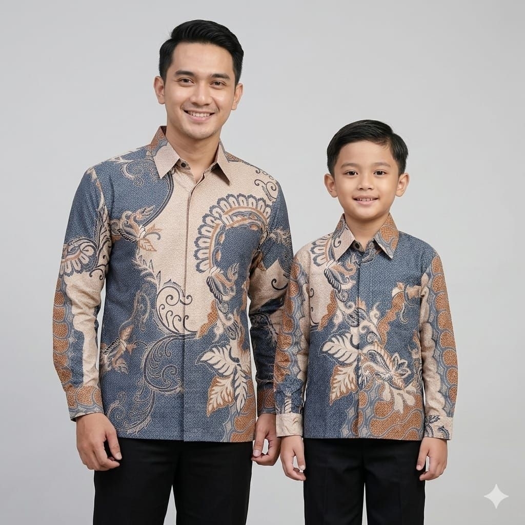 COUPLE Batik Pria Ayah dan Anak Bahan Dobby Premium Salem abu mewah sangat Elegan