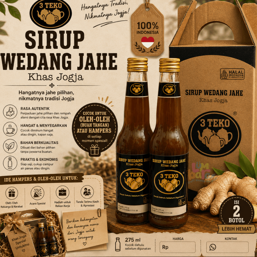[OLEH-OLEH KHAS JOGJA] Sirup Wedang Jahe 3 Teko Isi 2 Botol – Minuman Tradisional Hangat, Cocok untu