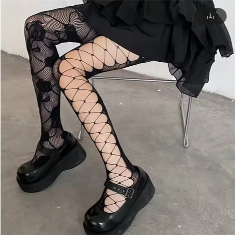 PIGGYS - Stocking lolita Cosplay Jaring Hitam Motif Bunga Garis Bintik Pita Ukuran Dewasa Part 1