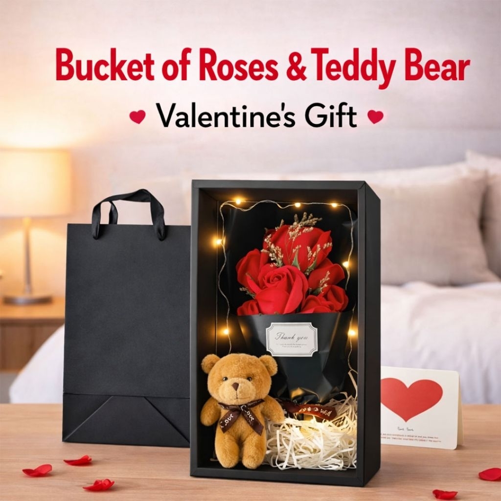 Ws Buket Bunga Sabun Mawar Boneka light String Box