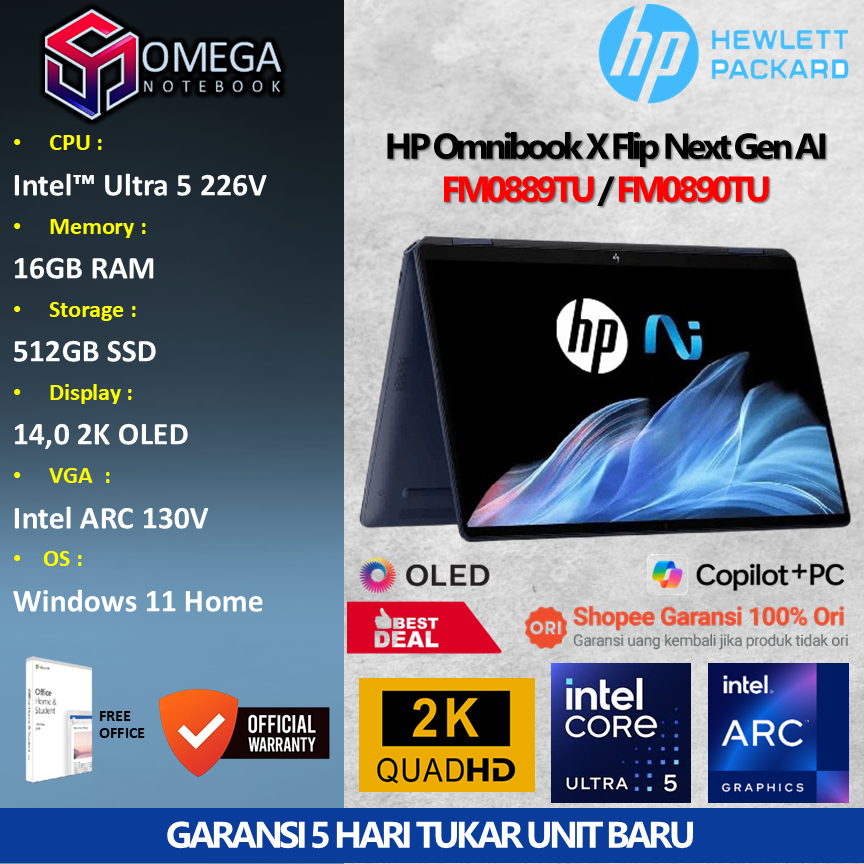 HP OmniBook X Flip 14 Next Gen AI Ultra 5 266V 16GB 512GB 14,0 2K OLED Windows 11 + Office FM0889TU 