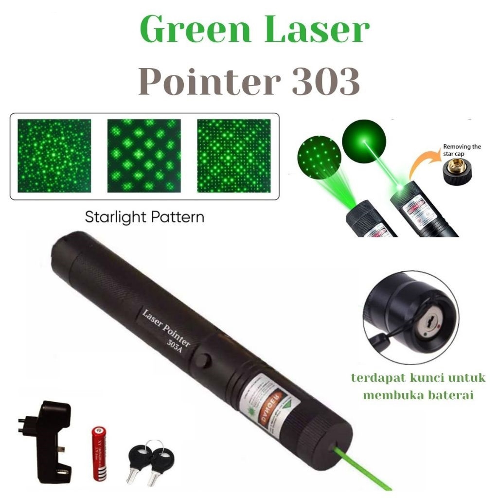 GREEN LASER POINTER 303 - GREEN LASER POINTER BATERAI CAS & BATERAI AAA
