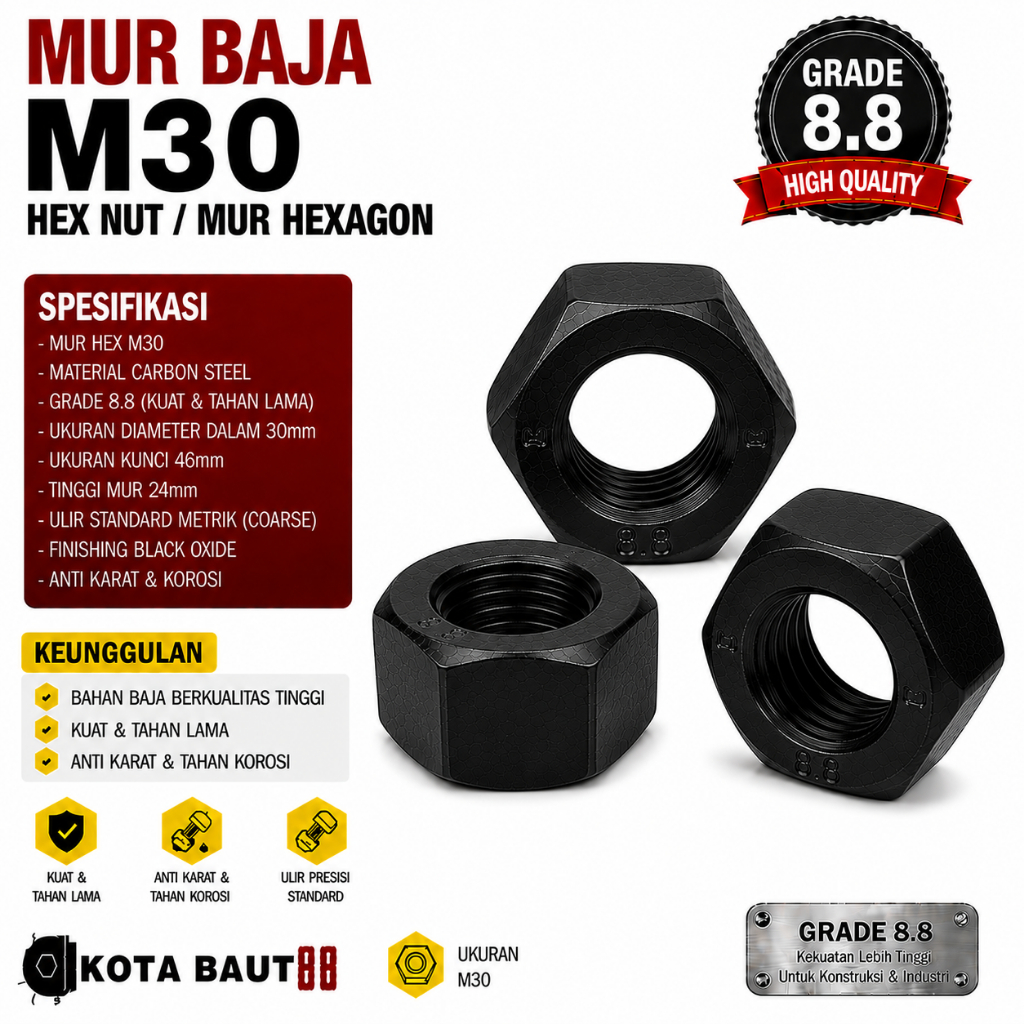 Mur Baja M30 / Mur Hex M30 / Mur Hexagon M30 / Mur M30 / Hex Nut M30 Grade 8.8