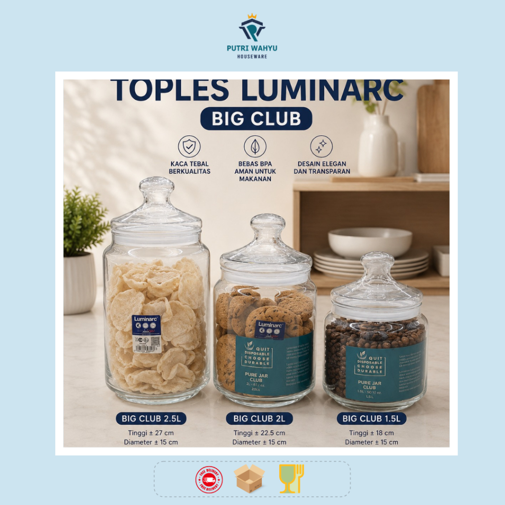Toples Luminarc Big Club 1.5L 2L 2.5L Stoples Kaca Premium Kedap Udara Serbaguna - Toples Luminarc C