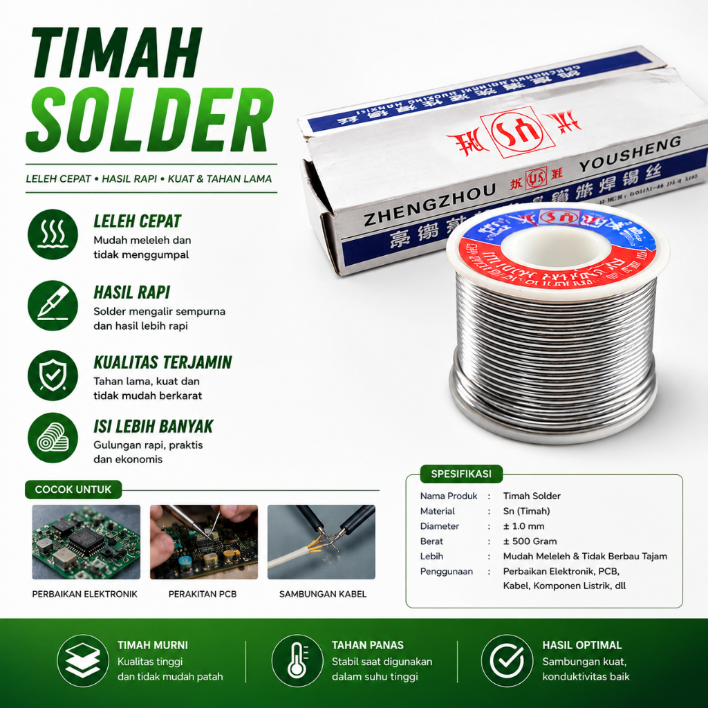 Timah Solder 500 Gram ± 2.0 mm Premium | Timah Las Solder Elektronik PCB Kabel Mudah Meleleh