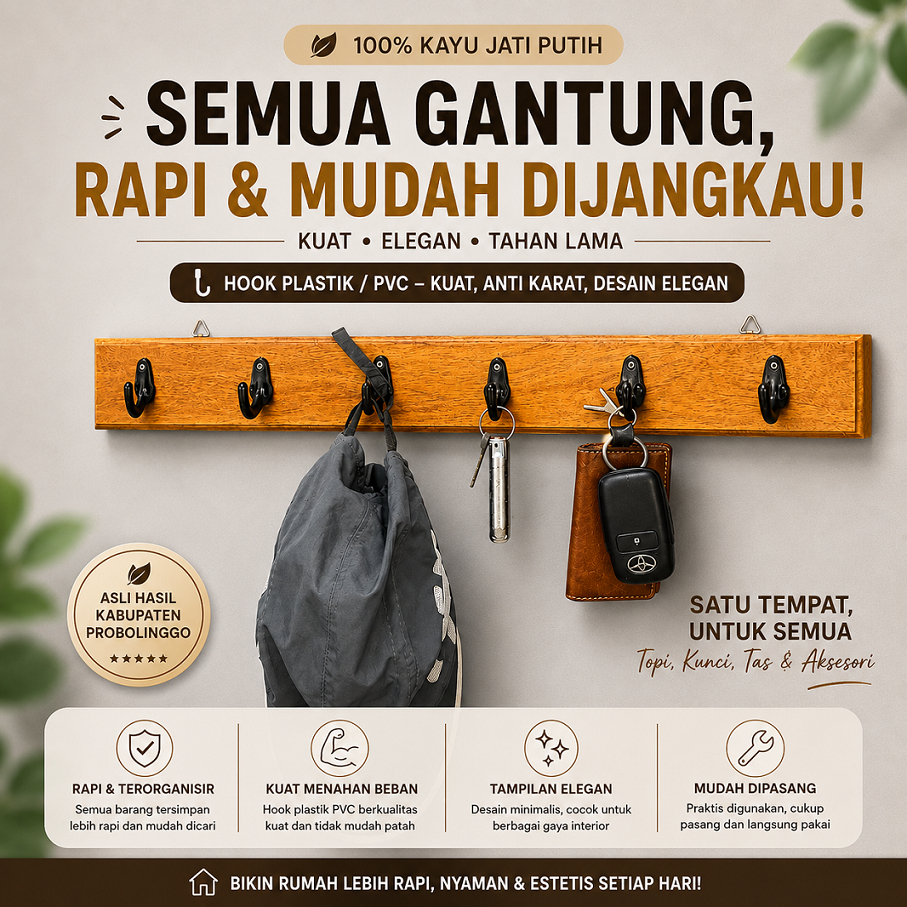 Gantungan Baju Kayu Jati Putih Asli Minimalis Hook PVC Premium Varian Plitur Doff dan Natural