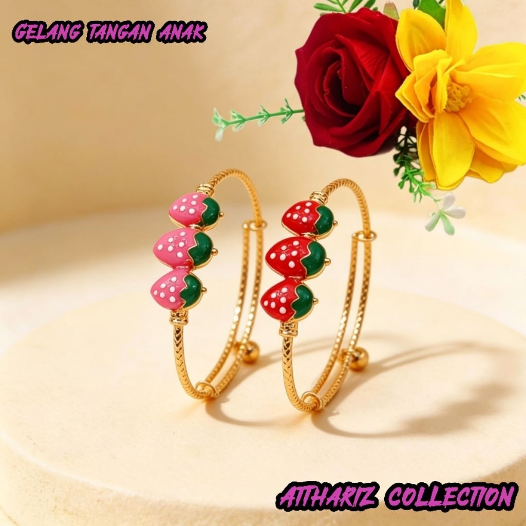 Gelang Tangan Anak Perempuan Strawberry Lapis Emas | Gelang Bayi Lucu Adjustable Karakter Stroberi |