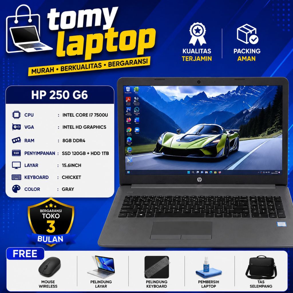LAPTOP SECOND JAMINAN GARANSI TOKO HP 250 G6 INTEL CORE I7 7500U INTEL HD GRAPHICS RAM 8GB DDR4 SSD 