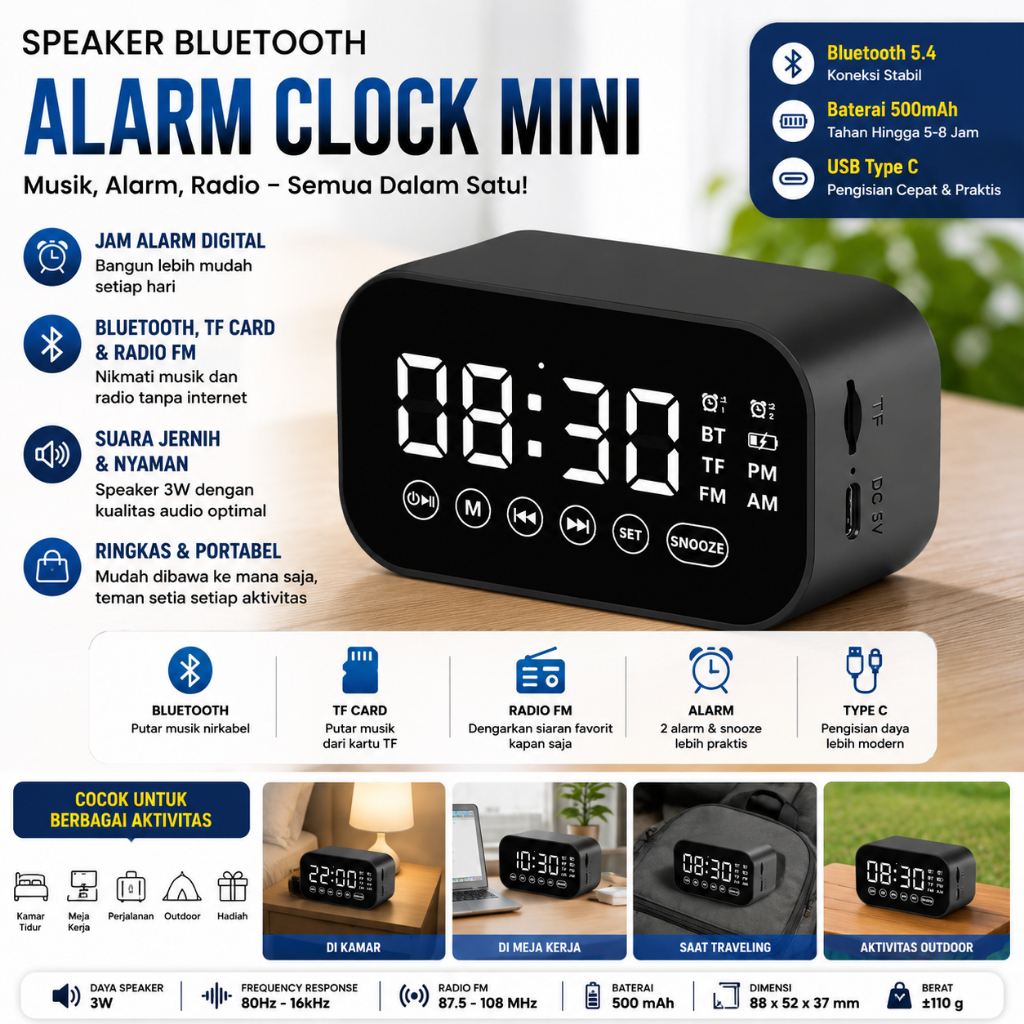 Jam Speaker Bluetooth Mini Alarm Clock Jam Digital Radio FM Slot TF Portabel 3W Suara Jernih Baterai