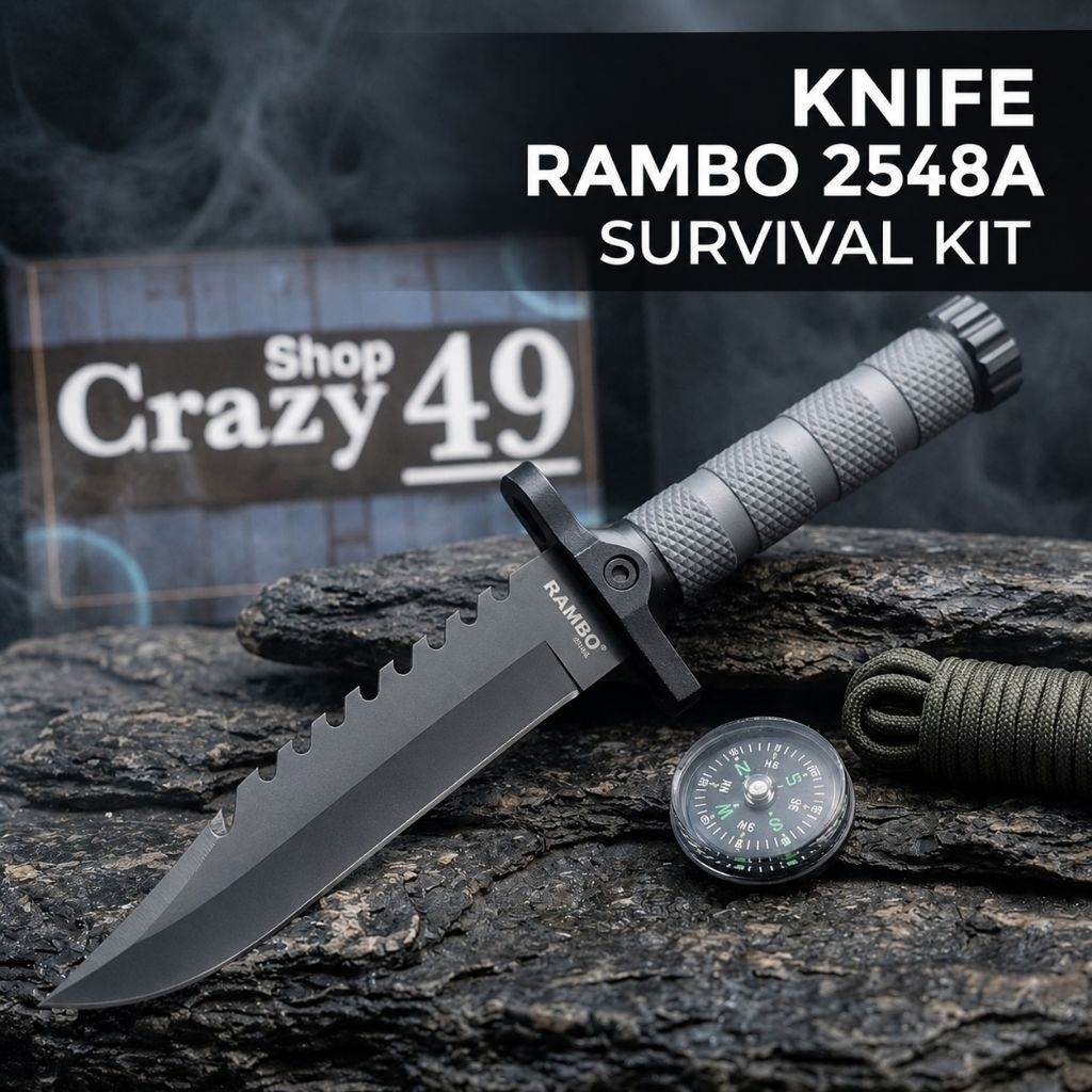 Pisau Survival Outdoor Rambo 2548A + Sarung / Pisau Tactical / Survival Kit