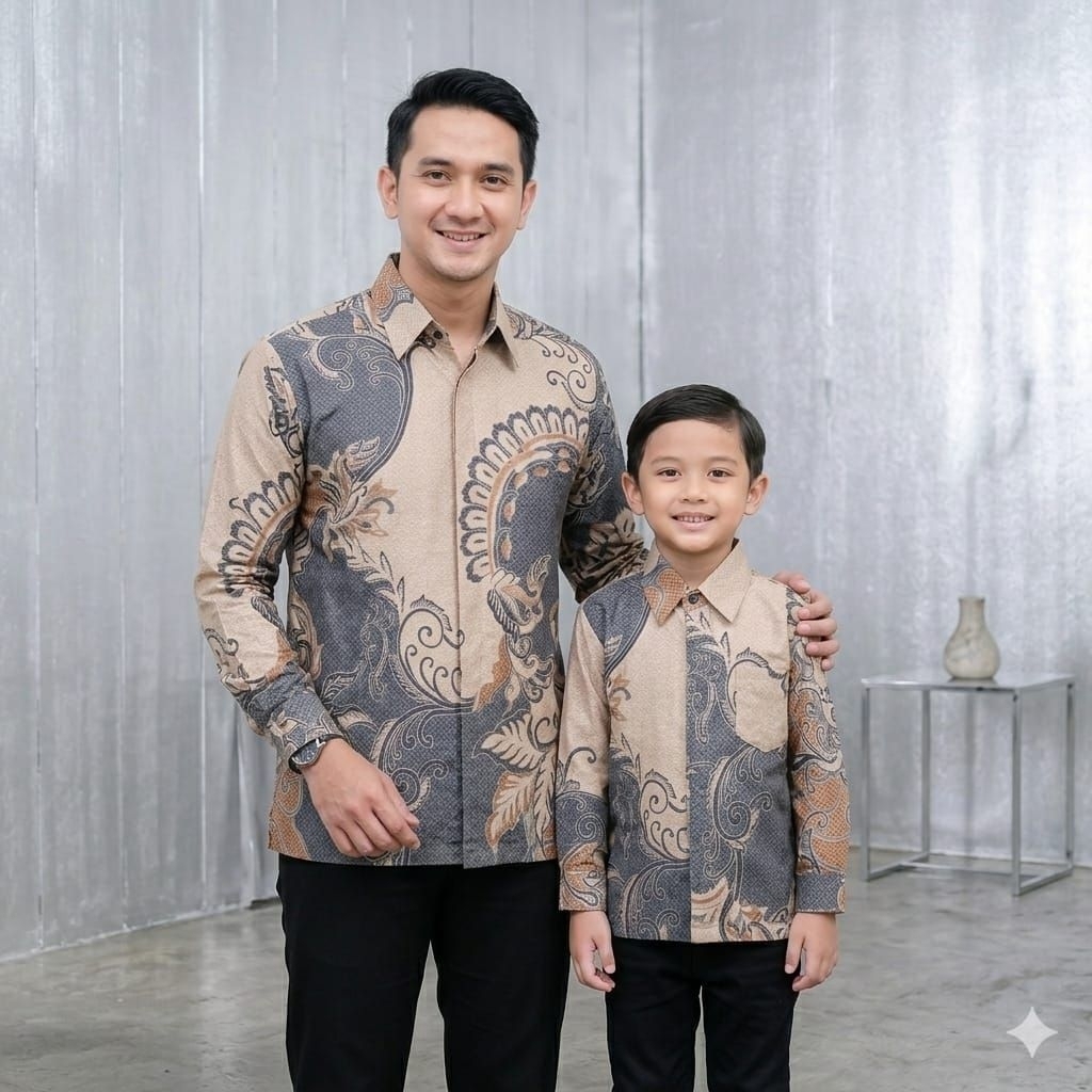Dobby Cream Abu, Kemeja Batik Couple Ayah Dan Anak, Warna Cream Abu, Bahan Dobby Tenun,Pakai Furing