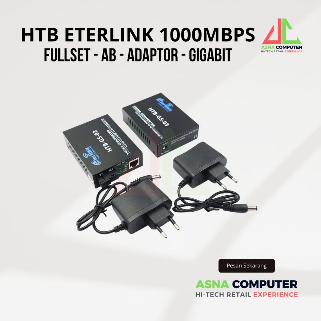 HTB Media Converter Fiber Optic FO to LAN 1000Mbps Gigabit 1 Set AB 2 Adaptor