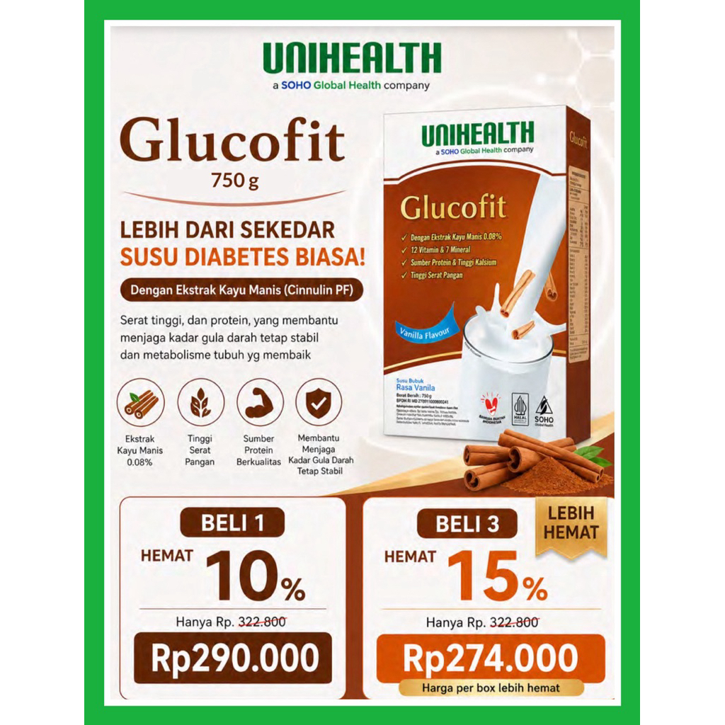 Glucofit Susu 750g UNIHEALTH untuk Penderita Prediabetes dan Diabetes