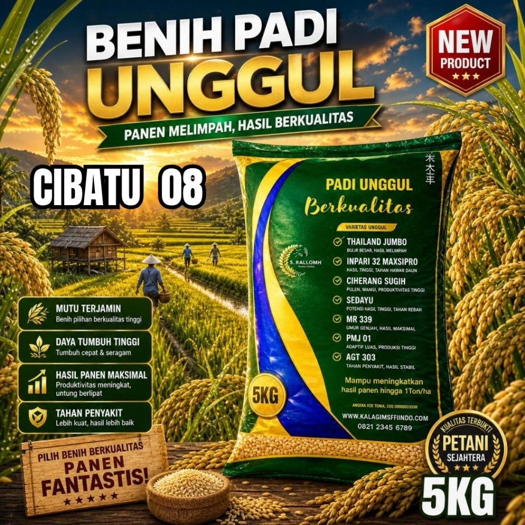 BENIH PADI UNGGUL CIBATU 08 KEMASAN 5,KG BENIH PADI KUALITAS ORIGINAL