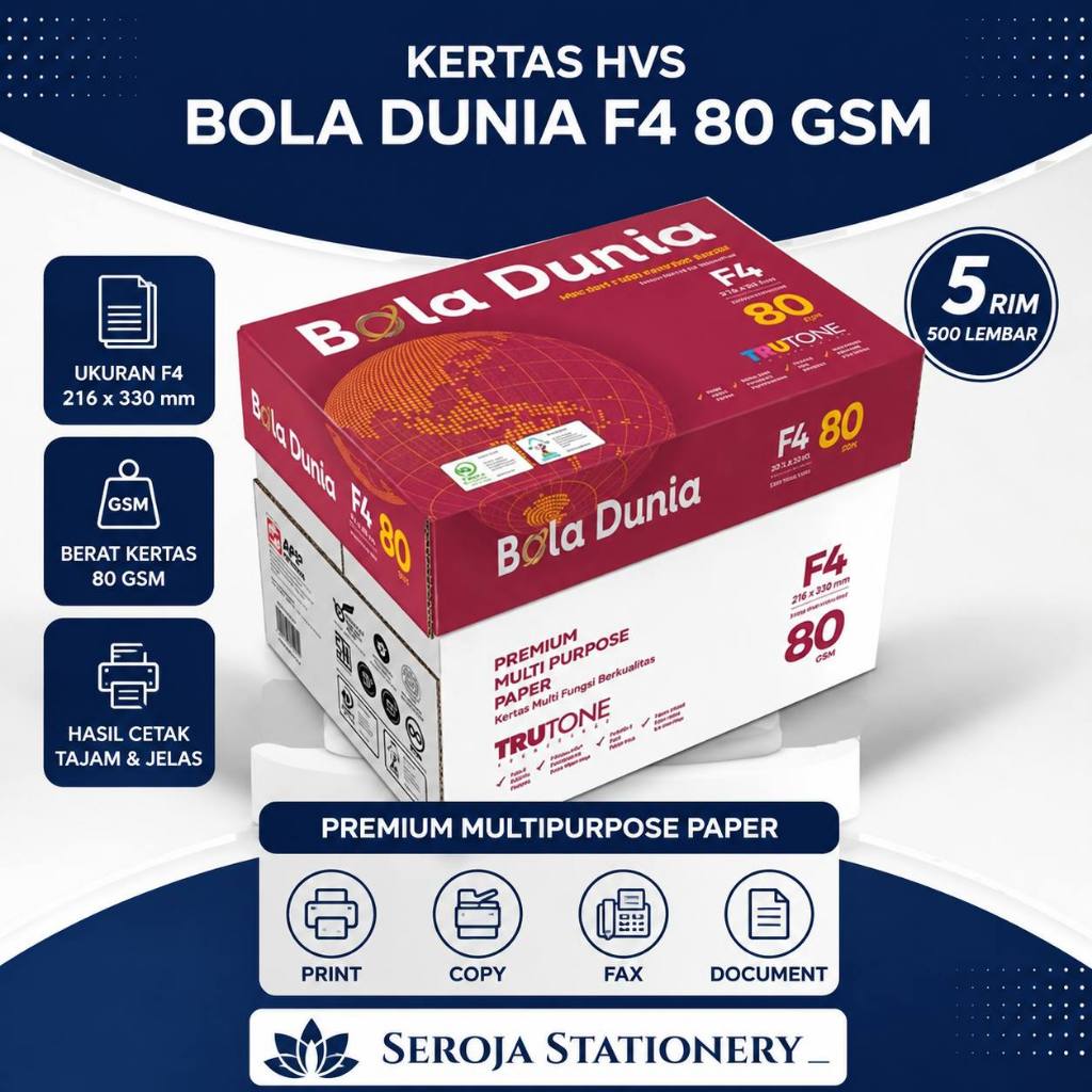 Kertas HVS F4 80 GSM Bola Dunia 1 Box / 5 Rim