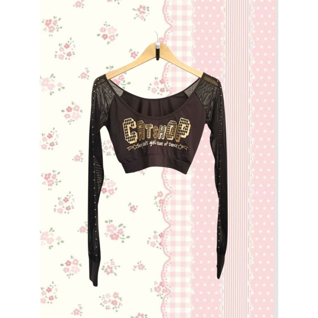 y2k Longsleeve Mesh Hand Artwork Graphic Dark Brown Crop Top Streetwear Style
