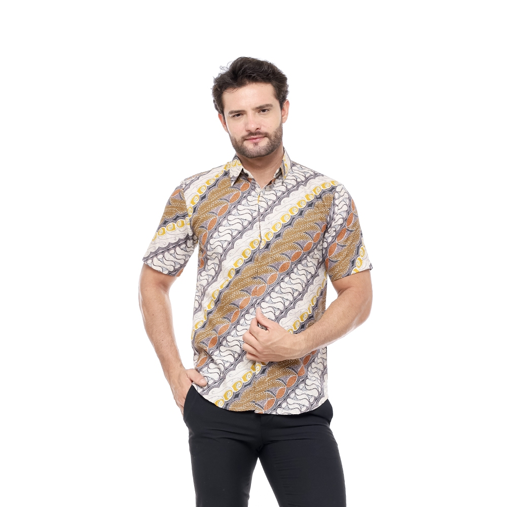 Pennay - Kemeja Batik Pria Parayu Ongbak Uril Modern Slimfit Lengan Pendek Kuning