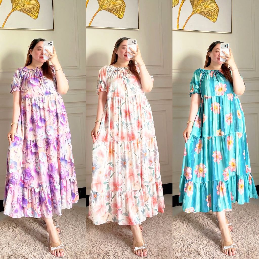 Celine Dress Motif Daster Rayon Premium Model Rempel Susun Lengan Kriwil Daster Celine