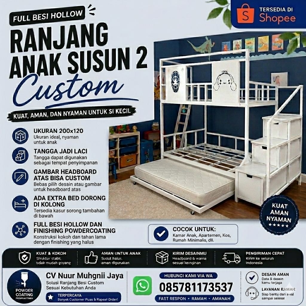 Ranjang Anak Susun 2 Tingkat Extra Bed Dorong Kolong Besi Hollow Custom Headboard Laser Cutting Powd