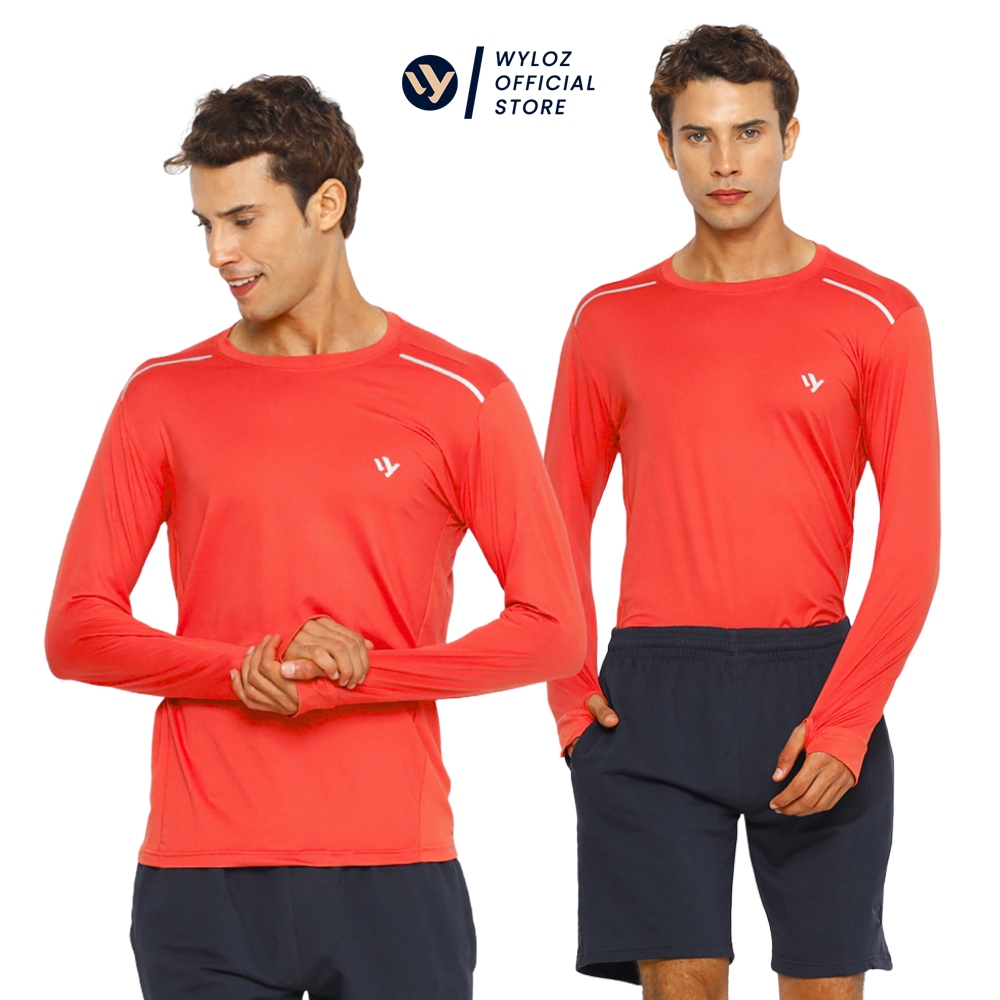 WYLOZ Baju Atasan Olahraga Kaos Gym Lari Outdoor Pria Lengan Panjang Cowok Thumbhole Merah Orange