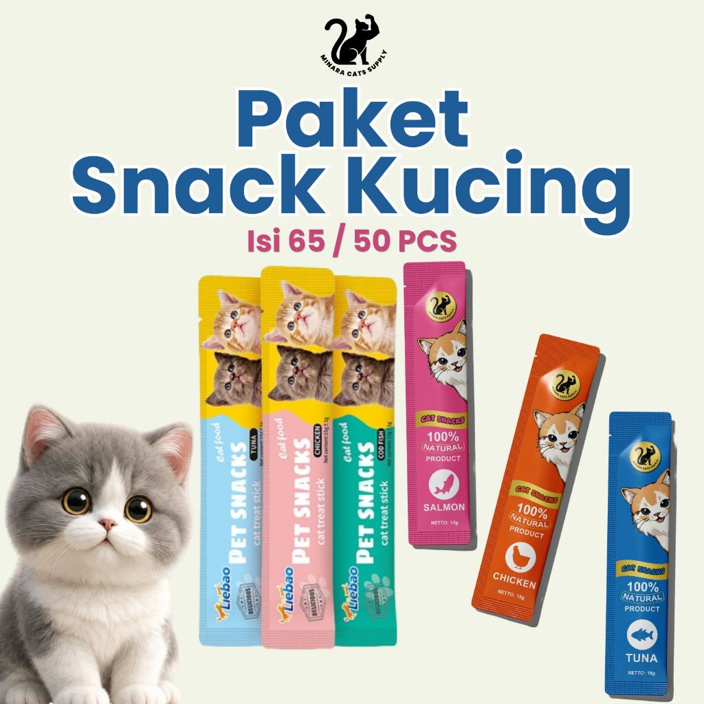 Minara Cats Supply - Snack Kucing Paket 65 & 50 pcs 1KG - Membantu Nafsu Makan, Bulu Halus & Daya Ta