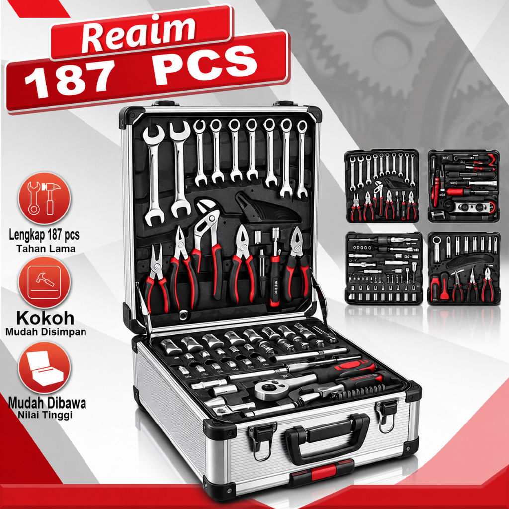 Reaim Tools Kit 187PCS Kunci Set LengkapTool Box Set Lengkap Tool Box Kunci Shock SetAlatMultifungsi