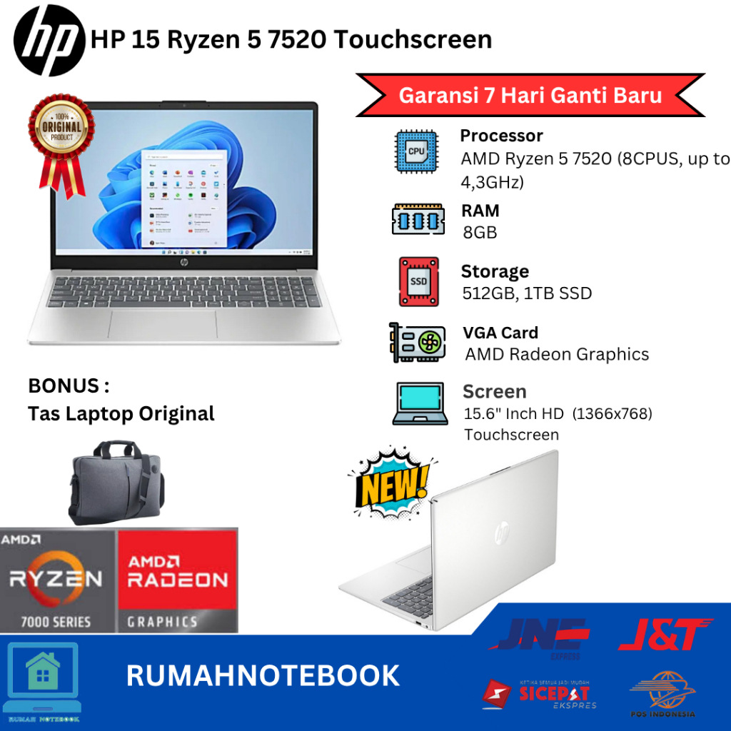 Laptop baru Hp 15 AMD Ryzen 5 7520U 8CPU up to 4.3Ghz Touchscreen
