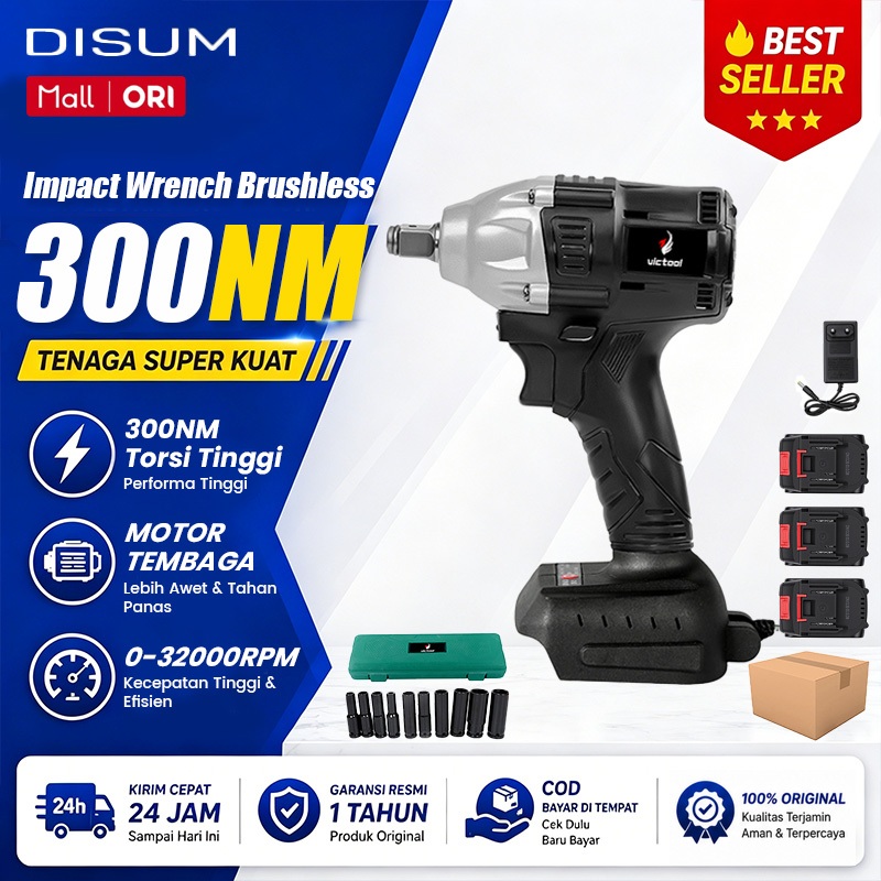 VICTOOL Mesin Impact Wrench Original 300NM Cordless Electric Baterai Portabel Bor Impact Wrench Mode
