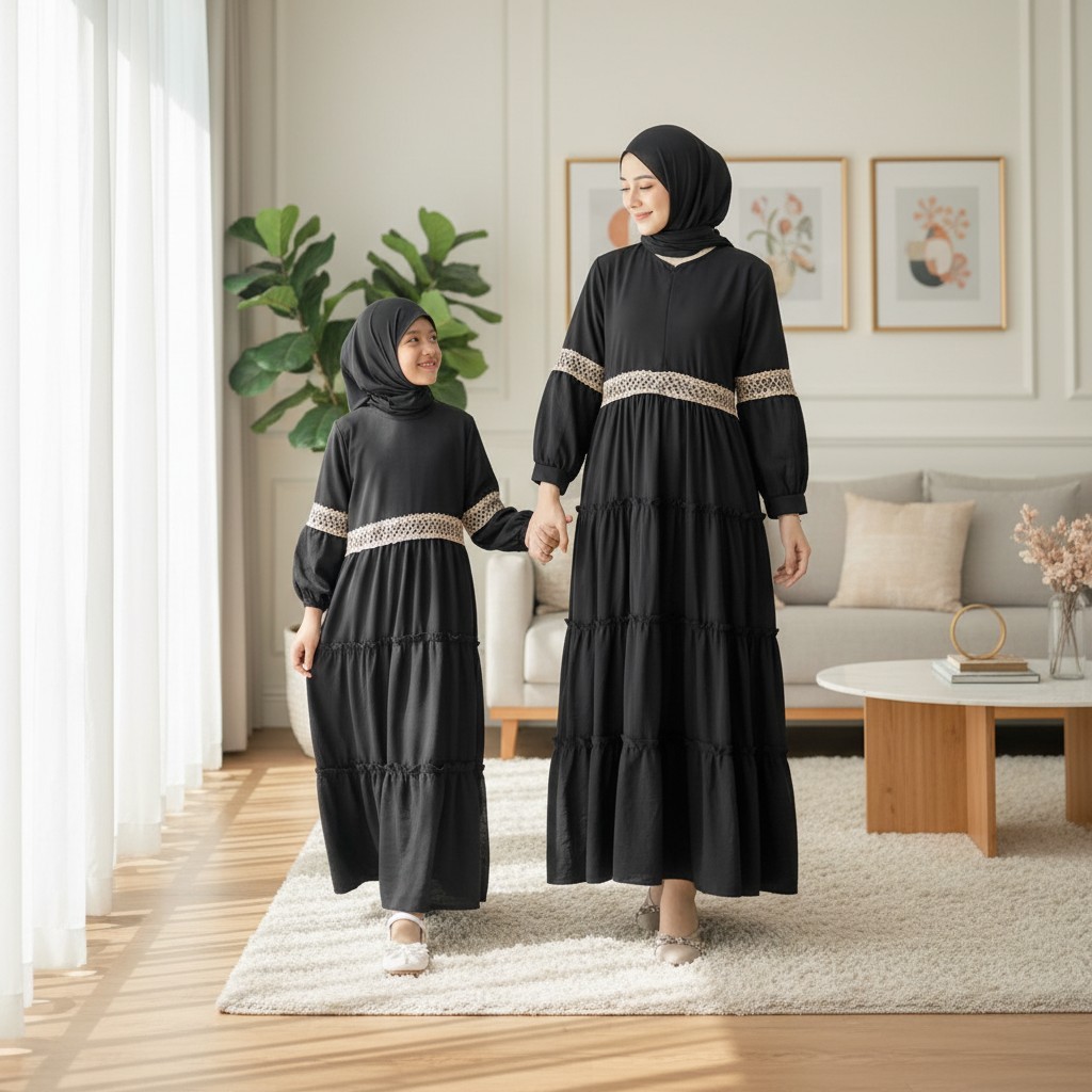 Set Gamis Couple Ibu dan Anak Mahira Renda Emas Cantik Savina Muslimah Maxy Carlina Fashion
