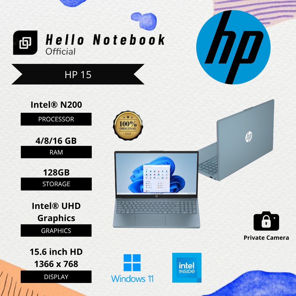 Laptop Baru Hp 15 Intel N200 4Cpus up to 3,7Ghz  SSD Blue