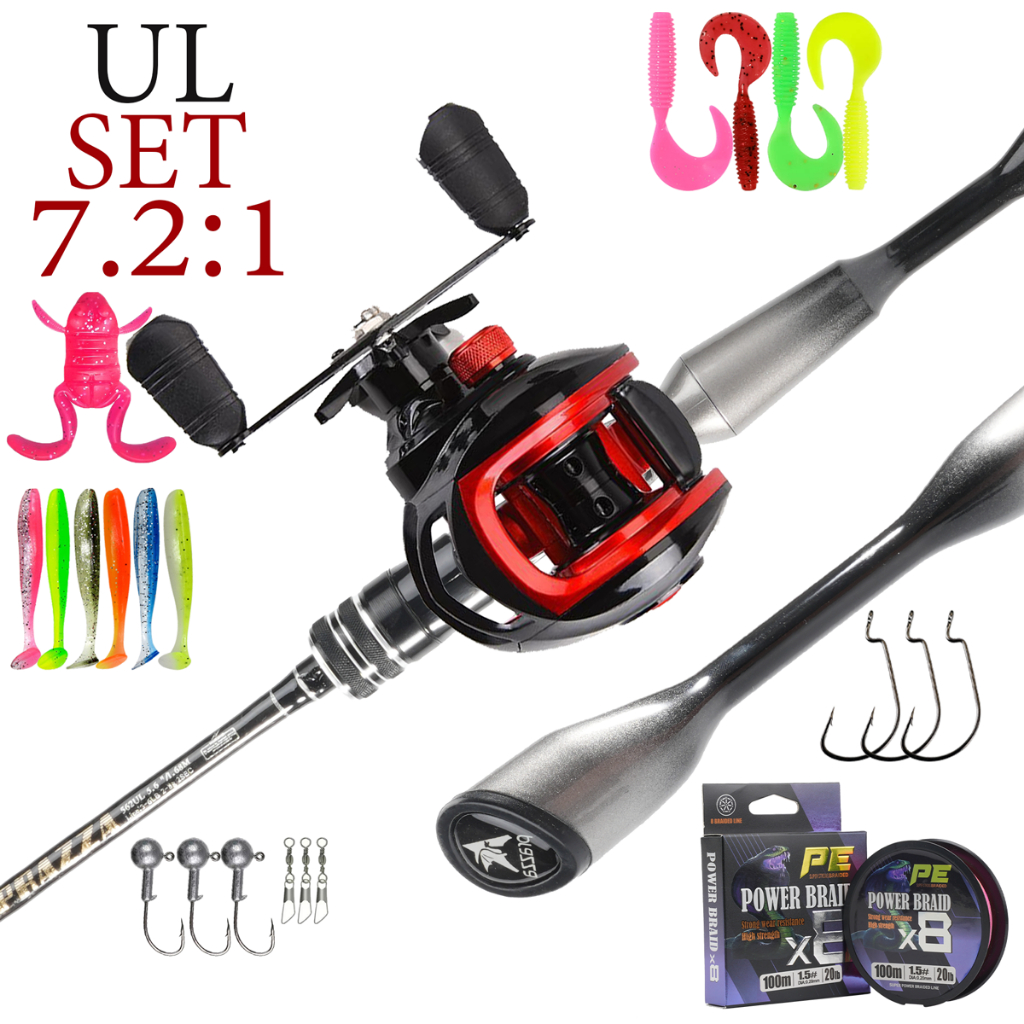 Joran Pancing UL Baitcasting Full Set 20-in-1: Reel 7.2:1 + Umpan Kodok/Sofft Lure + Senar PE X8 + K