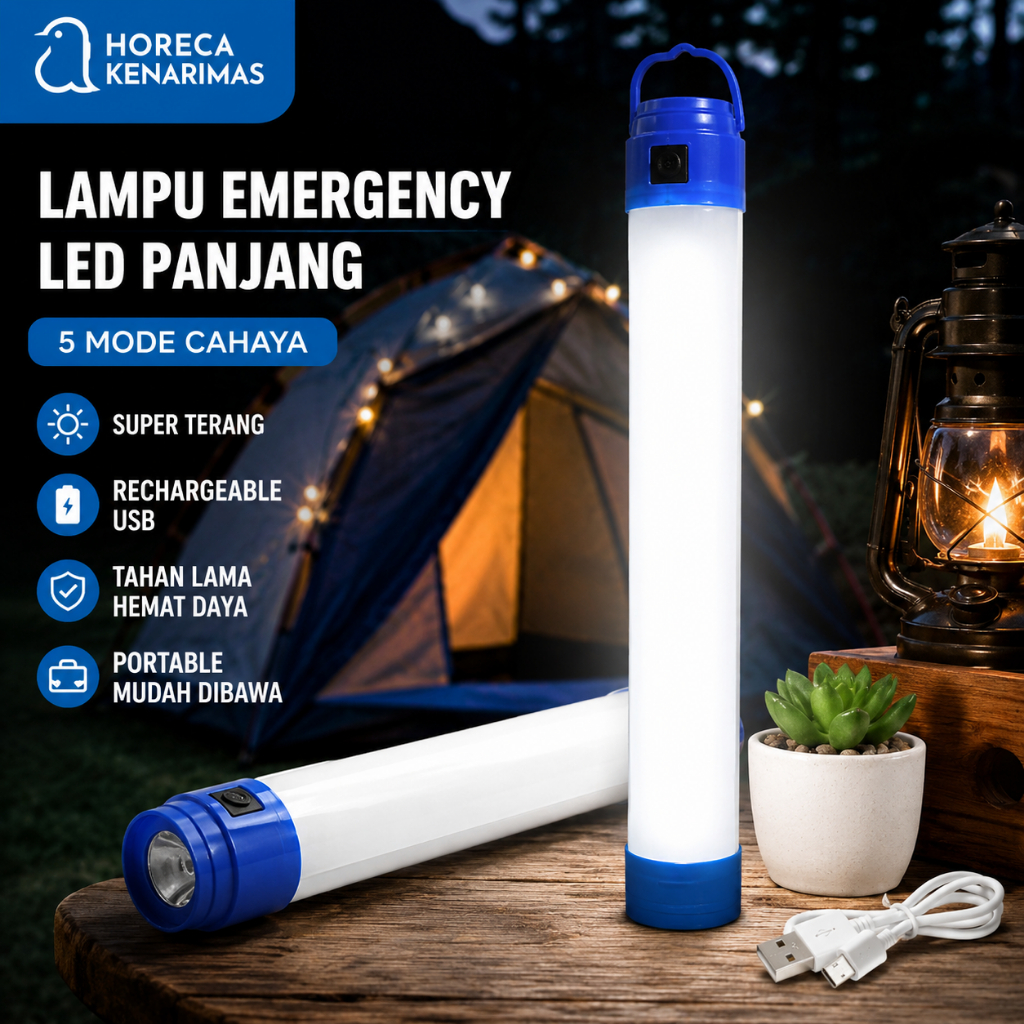 Lampu Emergency LED USB Portable Panjang 5 Mode Rechargeable Darurat