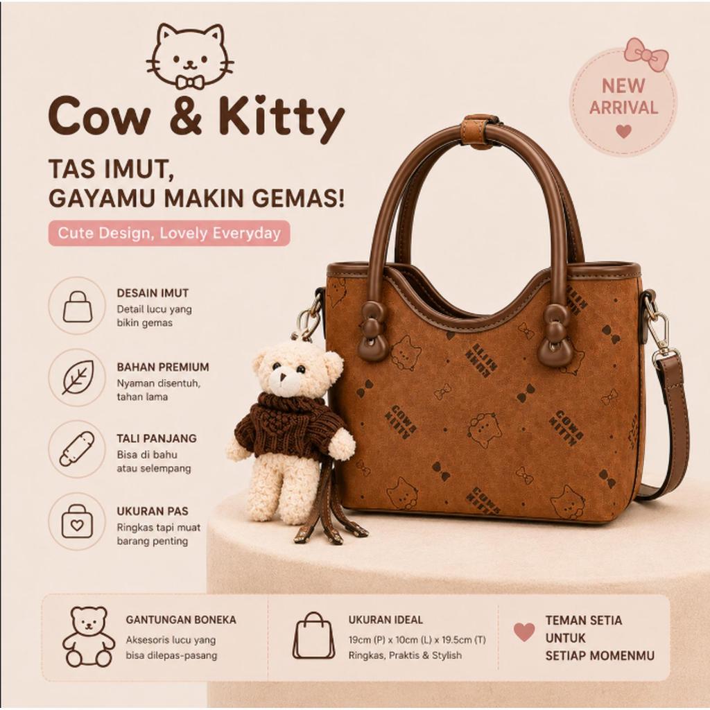 Tas Wanita Original Import Cow & Kitty Tas Tote Mini Motif Kucing Cantik dengan Gantungan Boneka Ber