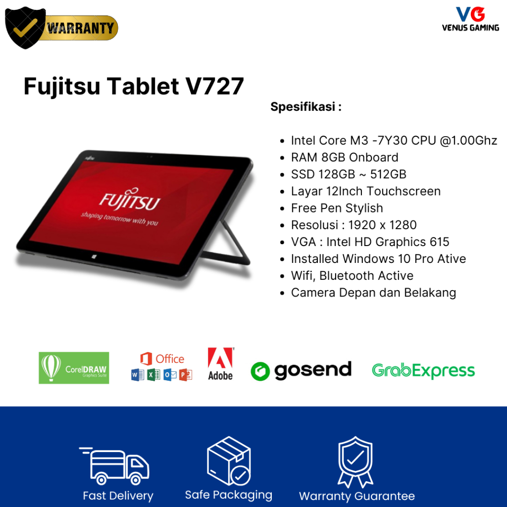 Jual Murah Tablet Second Berkualitas Fujitsu V727 Core m-3 RAM 8GB SSD 512GB Pen stylish Windows 10 