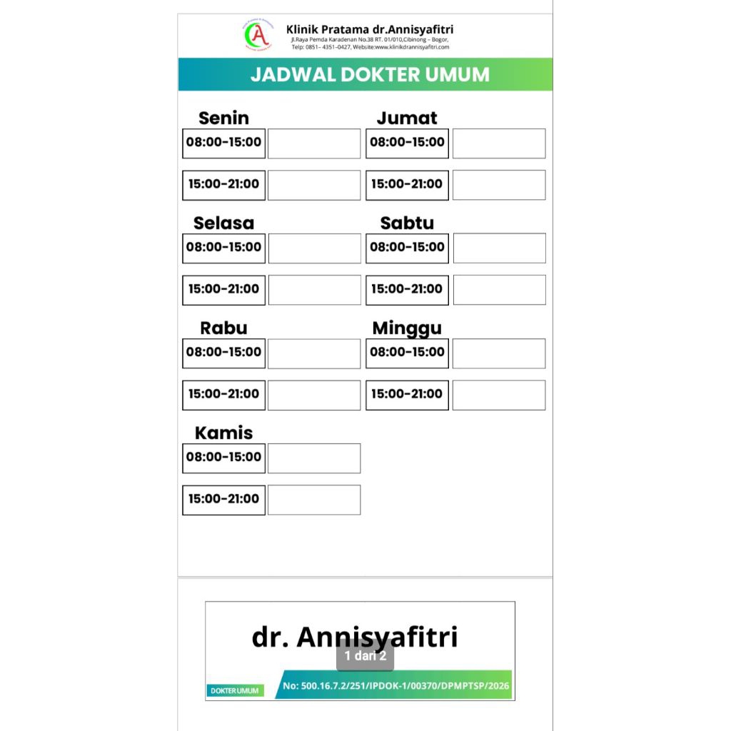 Akrilik Papan Jadwal Dokter Klinik Custom