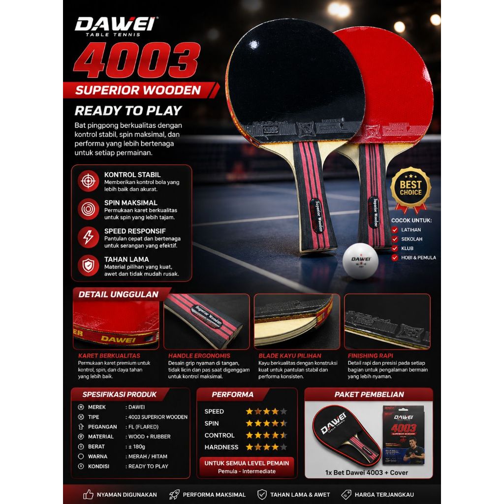 Bat Pingpong Dawei 4003 – Superior Wooden Ready to Play