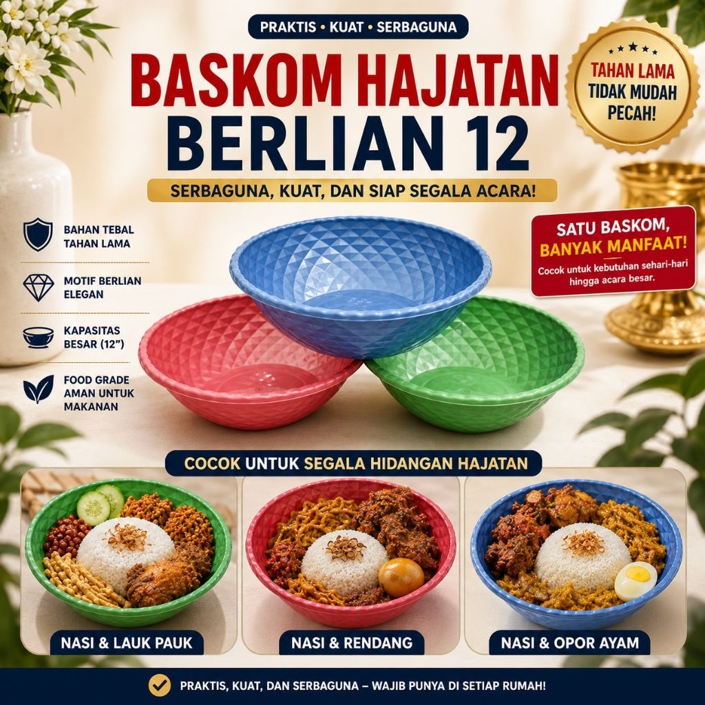 (isi 10pcs)Baskom Hajatan Berlian 12” Premium | Baskom Plastik Tebal Serbaguna untuk Hajatan & Rumah
