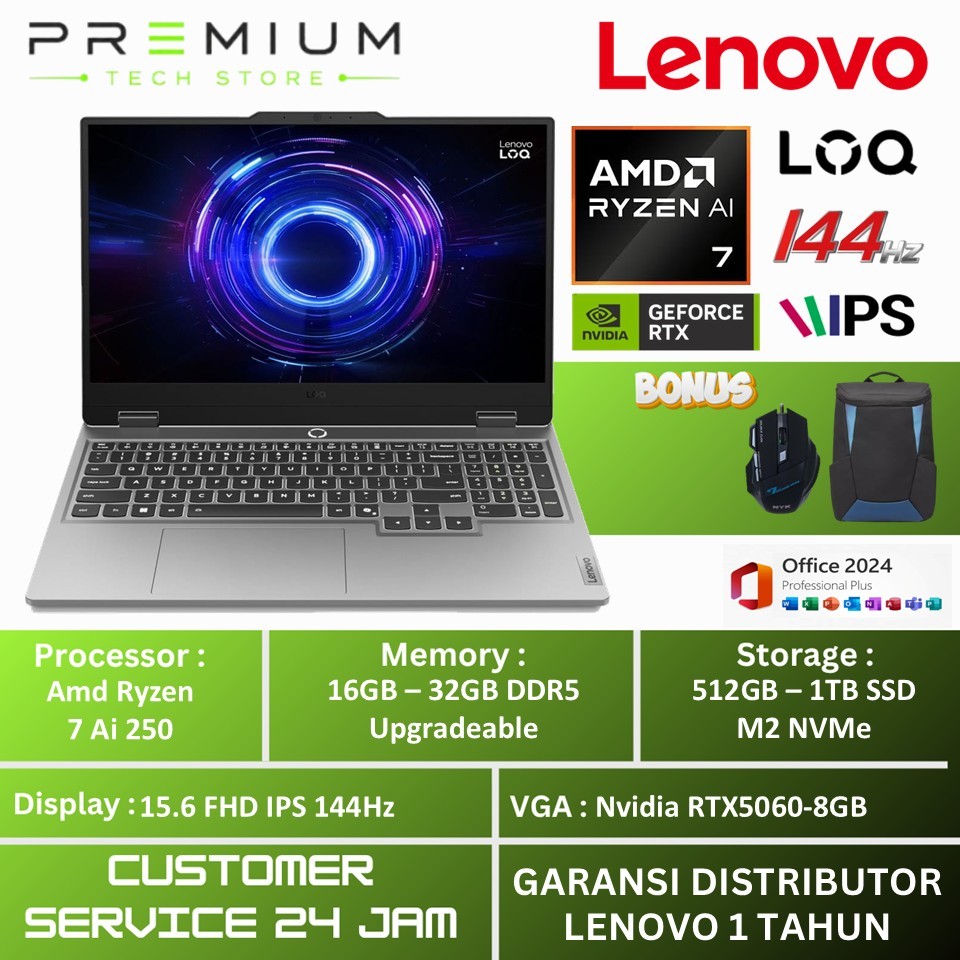 Lenovo LOQ 15 AMD Ryzen 7 250 RTX 5060 8GB RAM 32GB DDR5 SSD 1TB 144Hz Windows 11