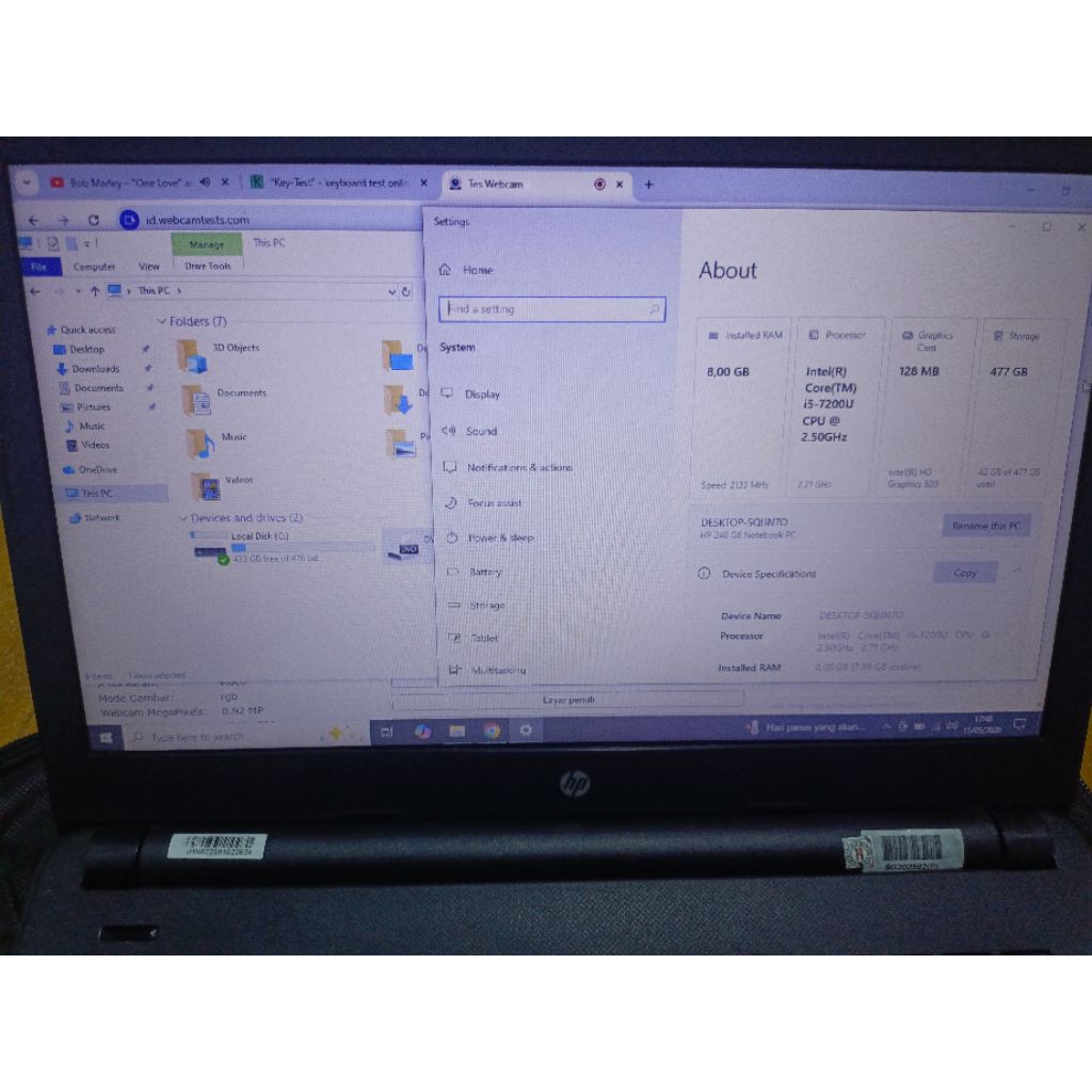 LAPTOP HP 14BS / LAPTOP HP 240 G6 PROSESOR CORE I5 GEN 7 RAM 8 SSD 512 KONDISI NORMAL LAPTOP BEKAS /